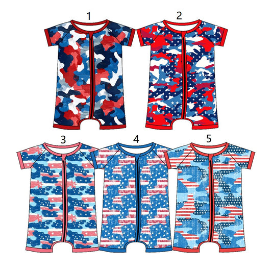( Moq 5 Each Style ) Baby Boys Infant Short Sleeves Camo Zipper Rompers 4th of July Clothes