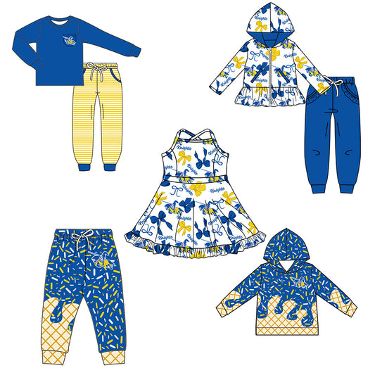 ( Moq 5 each style ) Baby Boys Girls Team Cheer Sibling Blue Drips Shirt Bows Dress Set 8.14