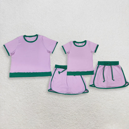 Sibling Baby Girls Adult Women Short Sleeves Purple Cotton Shirts Skirts Shorts Sets Summer Clothes RTS