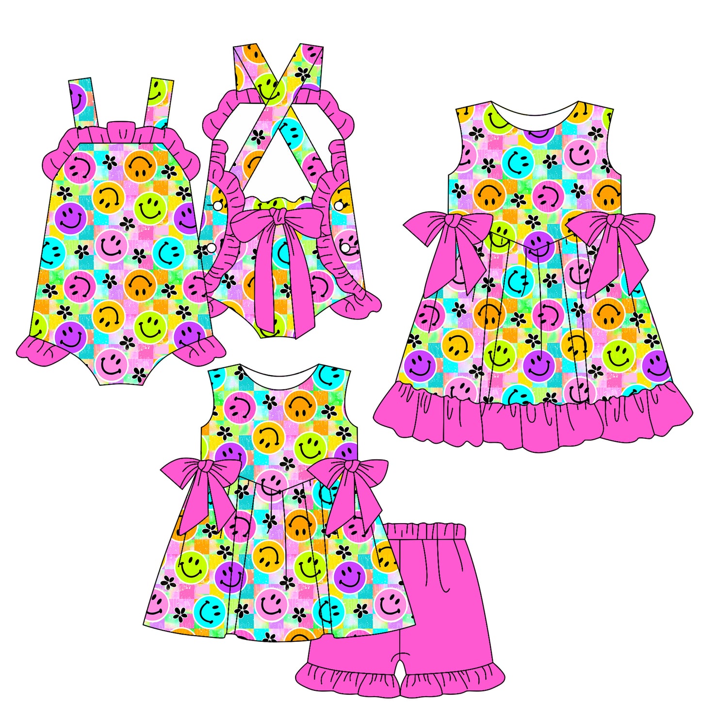 ( Moq 5 Each Style ) Sibling Baby Girls Kids Smile Bows Romper Dress Set Summer Clothes