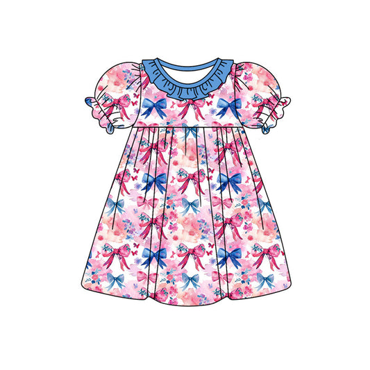Baby Girl Short Sleeves Bows Flower Knee Length Dress Moq 5