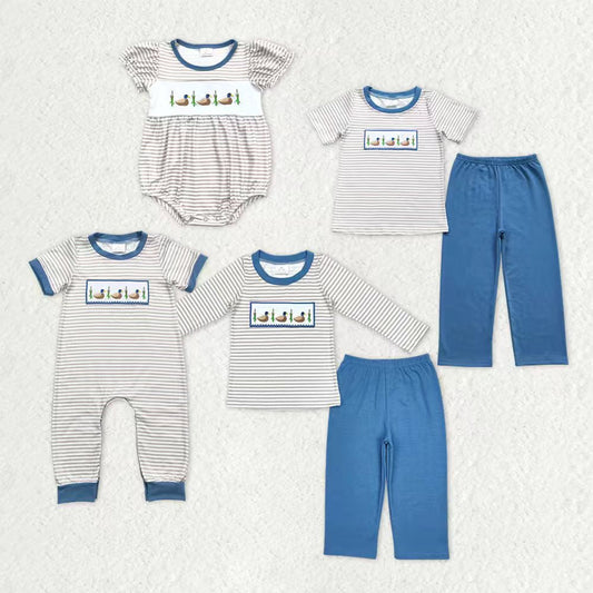 Sibling Baby Boys Girls Toddler Embroidery Ducks Stripes Romper Set Clothes RTS