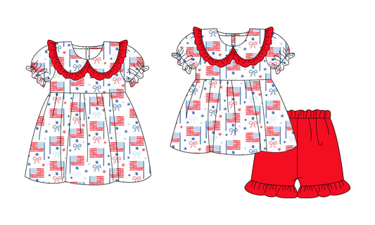 ( Moq 5 Each Style ) Baby Girls Kids Flags Bows Short Sleeves Sibling 4th of July Dress Set