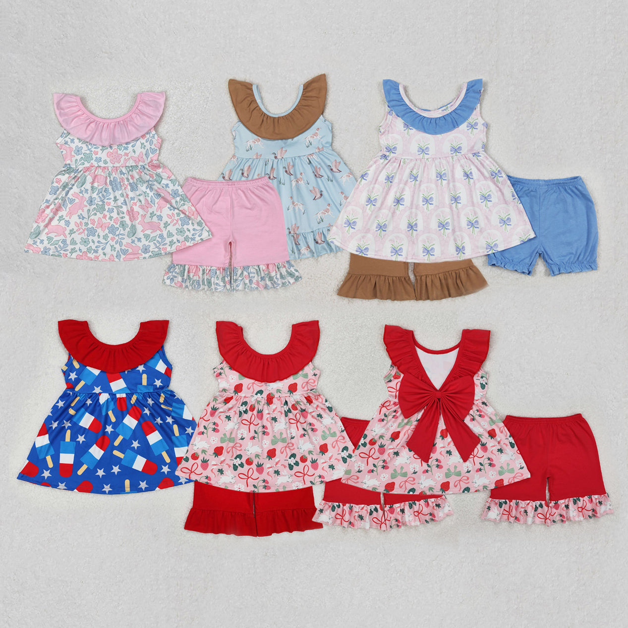 Baby Girl Sleeveless Flower Bows Tunic Ruffle Shorts Sibling Clothes Set RTS