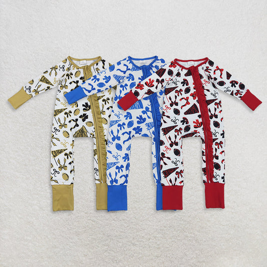 Sibling Baby Girls Infant Long Sleeves Football Bows Team Cheer Zipper Romper RTS