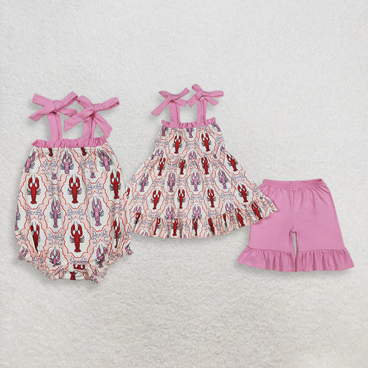 Sibling Baby Girls Kids Bows Straps Crawfish Tops Ruffle Shorts Set Romper Summer Clothes RTS