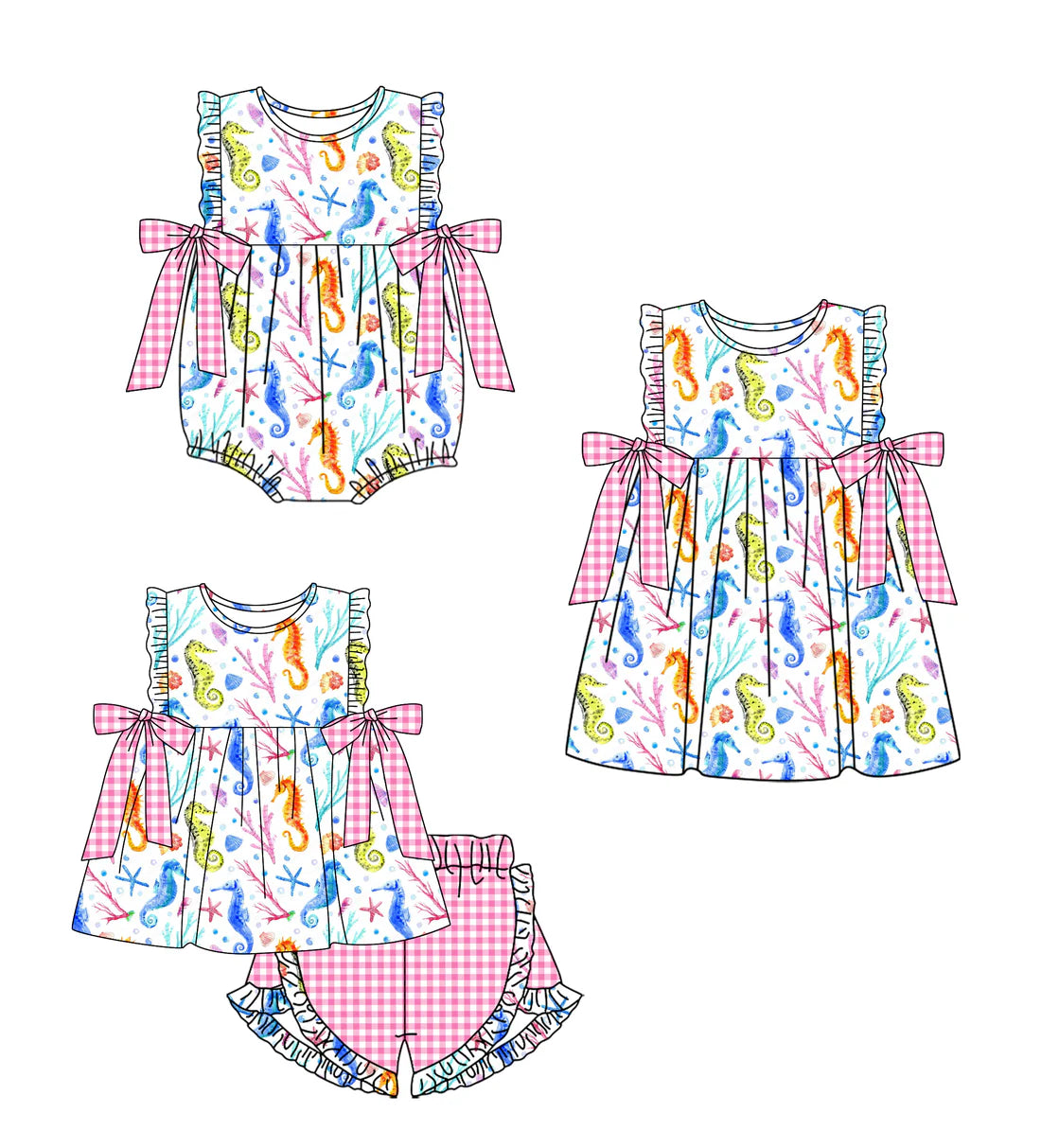 ( Moq 5 Each Style ) Baby Girls Kids Sea Horse Bows Sibling Romper Dress Set