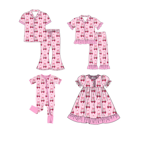 ( Moq 5 Each Style ) Baby Girl Adult Women Strawberry Bows Hearts Sibling Valentine's Day Mommy And Me Family Set Dress Set