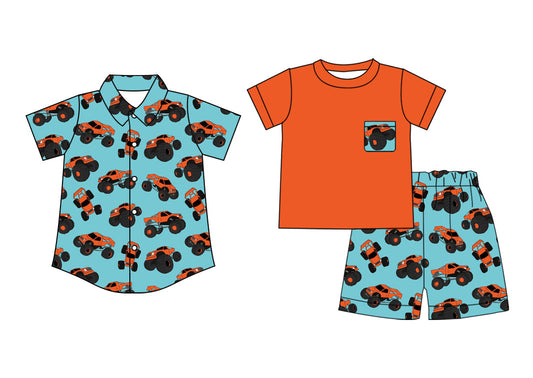 ( Moq 5 Each Style ) Baby Boy Short Sleeves Trucks Sibling Summer Shirt Set 4.24
