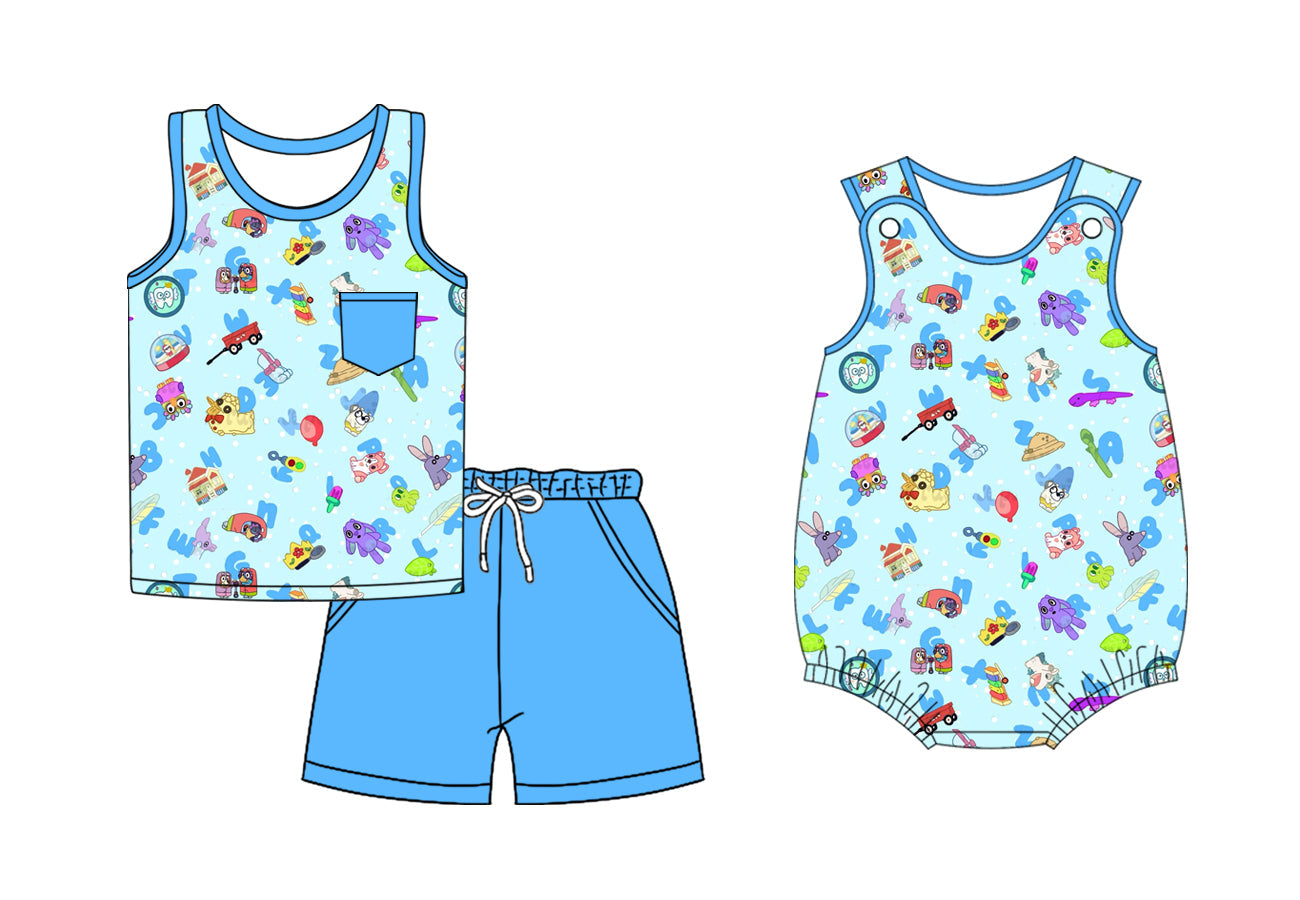( Moq 5 Each Style ) Baby Boy Sleeveless Cartoon Blue Sibling Back To School Romper Set 4.21