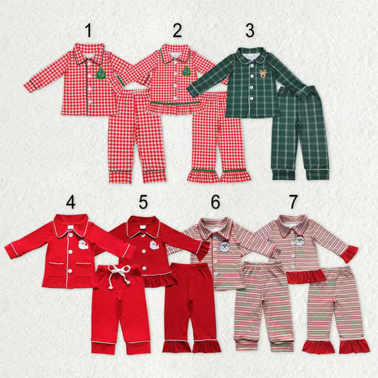 Sibling Baby Boys Girls Christmas Embroidery Buttons Shirt Pants Pajamas Sets RTS