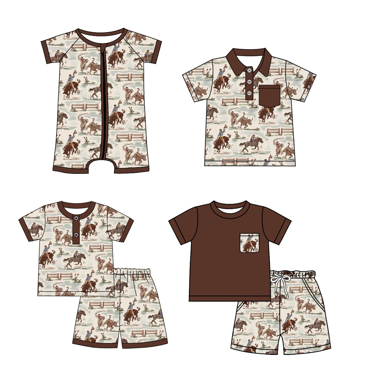 ( Moq 5 Each Style ) Baby Boy Short Sleeves Rodeo Western Sibling Romper Shirt Set 3.24