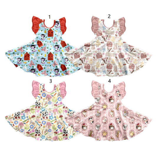 ( Moq 5 Each Style ) Sibling Baby Girls Kids Short Sleeves Farm Animals Knee Length Dresses
