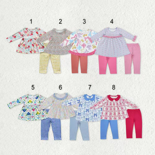 Sibling Baby Girls Long Sleeves Bows Flowers Tunic Pants Clothes Sets RTS