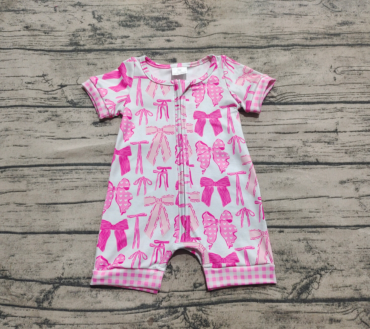Baby Girl Infant Short Sleeves Pink Bows Zipper Romper RTS