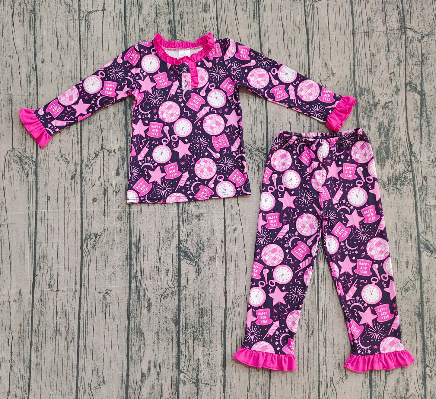 Baby Girls Kids Long Sleeves Shirt Pants Happy New Year Pink Pajamas Set RTS