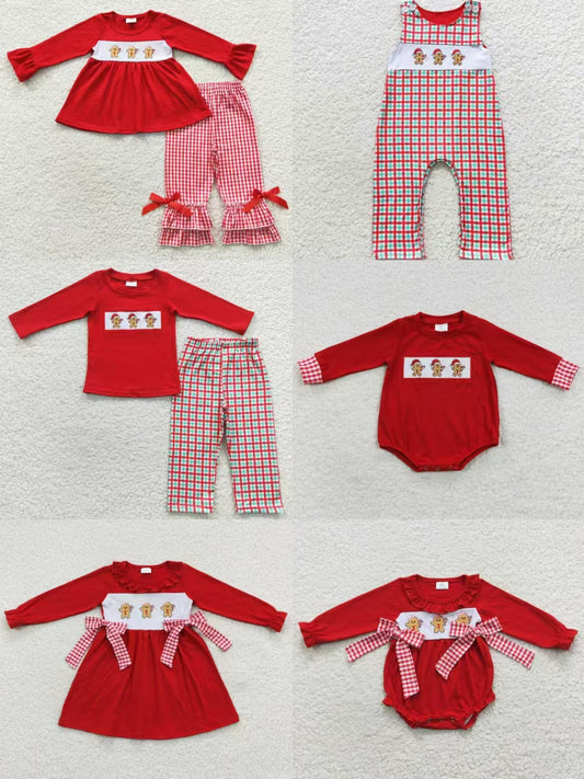 Sibling Girls Boys Long Sleeves Embroidery Gingerbread Sibling Christmas Red Romper Dress Pajamas Outfit Clothes RTS