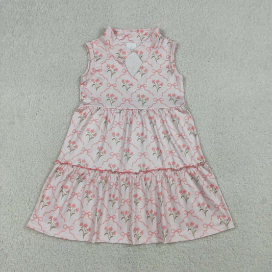 Baby Girls Kids Sleeveless Pink Bows Flower Ruffle Knee Length Dress RTS