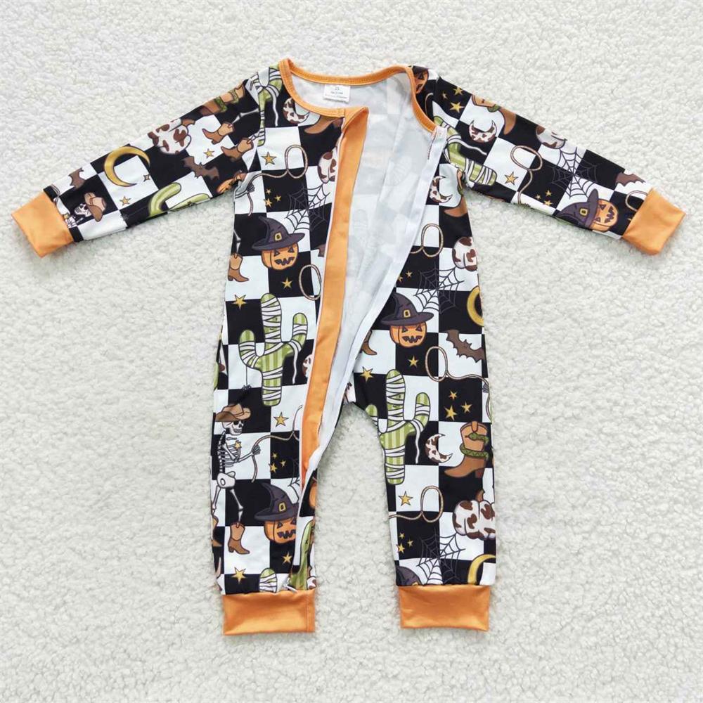 Boys Kids Halloween Cactus Cow Checked Sibling Zipper Romper Set Pajamas Clothes RTS