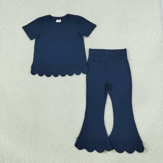 Baby Girls Kids Short Sleeves Navy Shirt Pants Scallop Set Clothes RTS