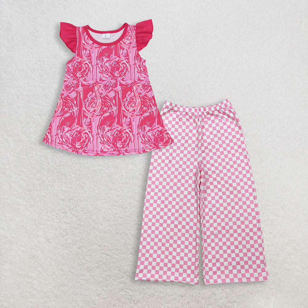Baby Girls Kids Short Sleeves Tops Pink Plaid Pants Clothes Set RTS