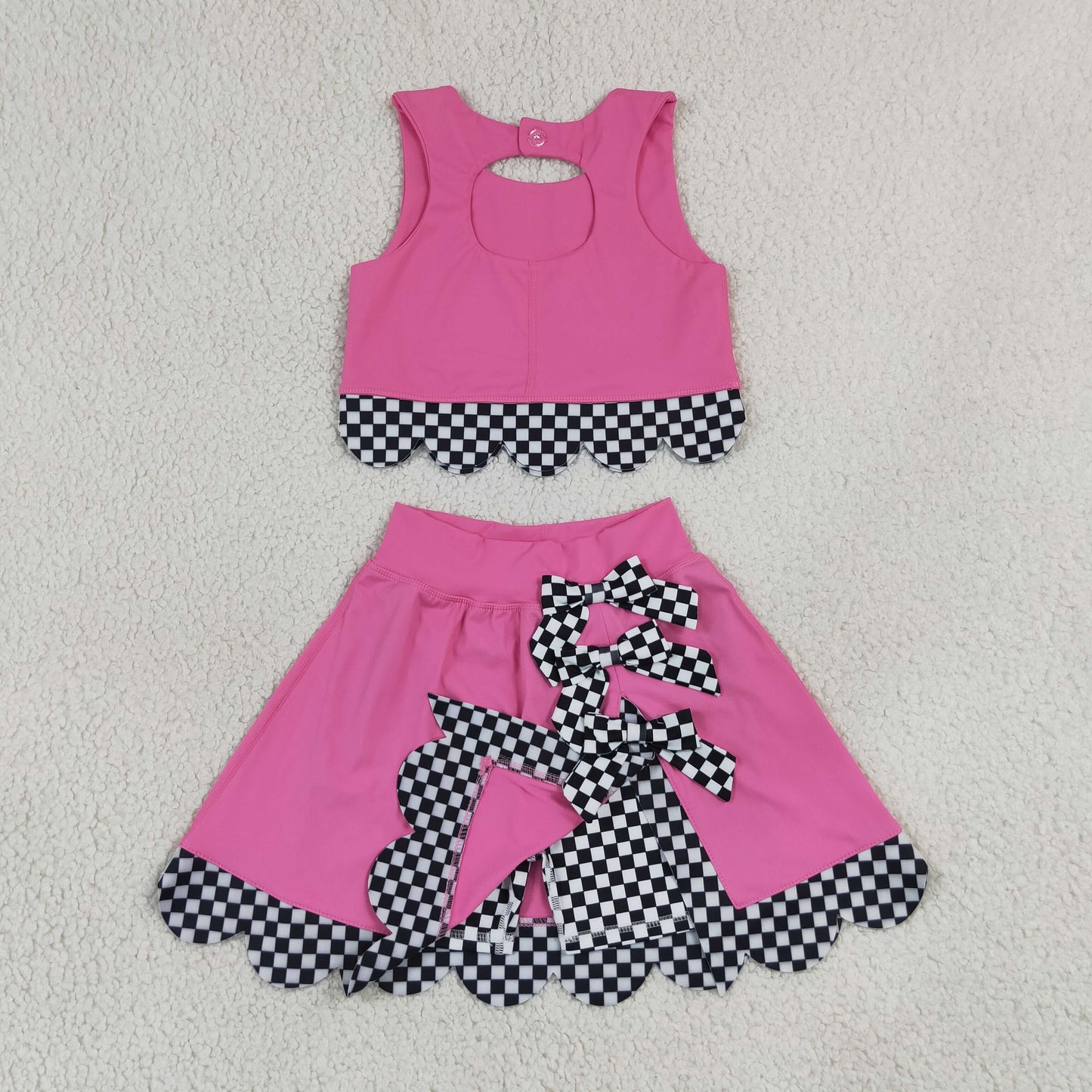Baby Girls Kids Sleeveless Pink Tops Plaid Bows Skirt Shorts Yoga Set Clothes RTS