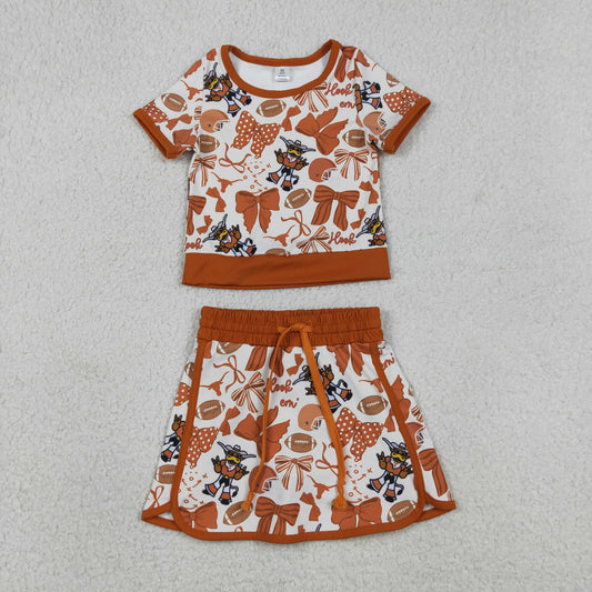 Baby Girls Toddler Short Sleeves Cow Bows Football Team Shirt Shorts Yoga Brown Set RTS