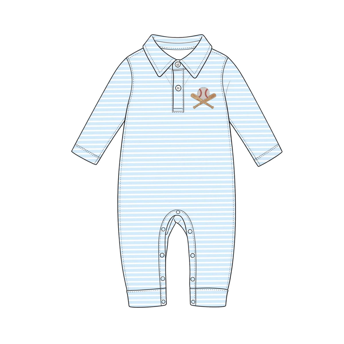 ( Moq 5 ) Preorder Baby Boys Kids Long Sleeves Buttons Romper Baseball Blue Stripes Clothes