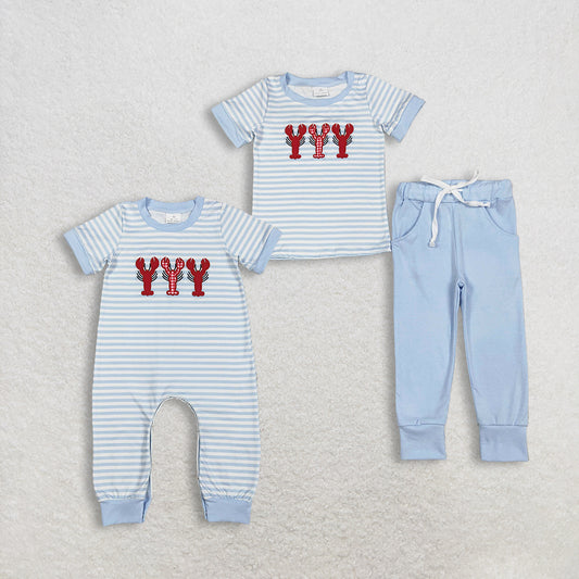 Sibling Baby Boys Kids Short Sleeves Embroidery Crawfish Blue Stripes Romper Set RTS