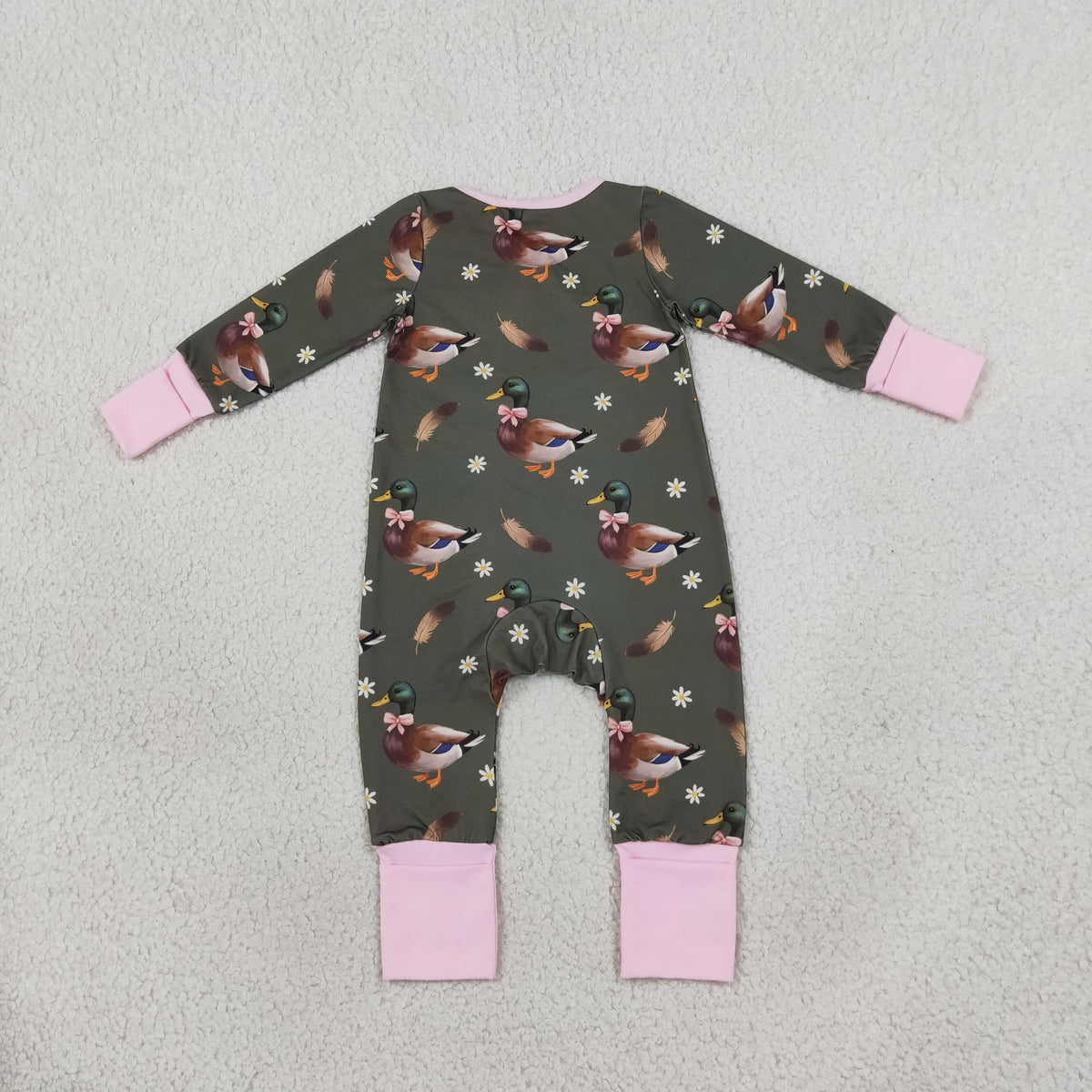 Baby Girls Infant Long Sleeves Ducks Bows Flower Zipper Footie Sleeper Romper Clothes RTS