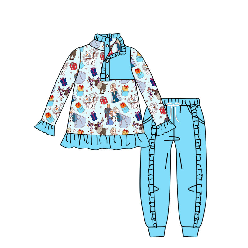 Baby Girl Long Sleeves Cartoon Princess Shirt Blue Pants Clothes Set Moq 5