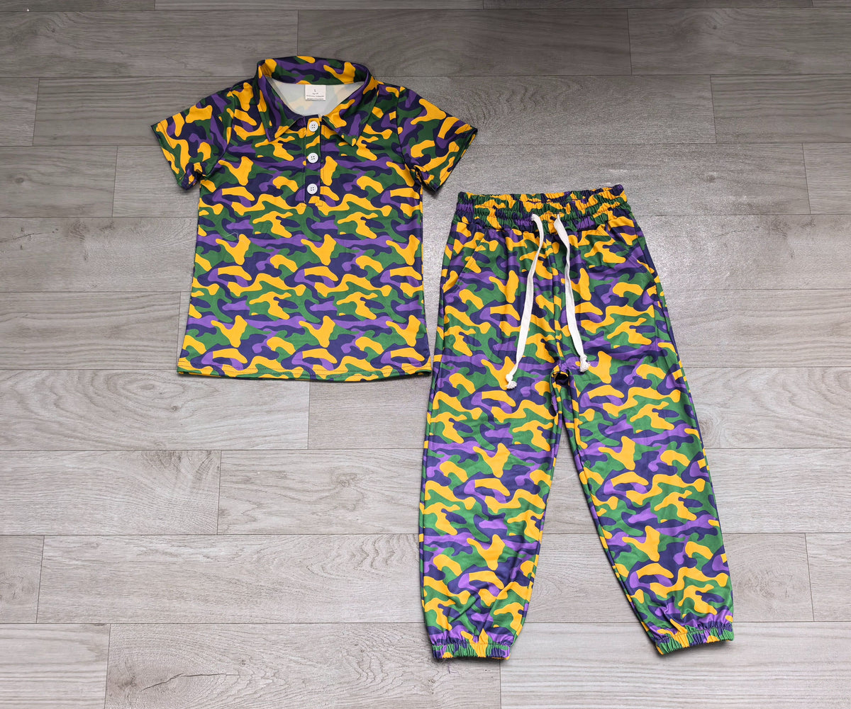 ( No moq ) Preorder Baby Boys Kids Short Sleeves Buttons Shirt Pockets Camo Pants Mardi Gras Set Clothes