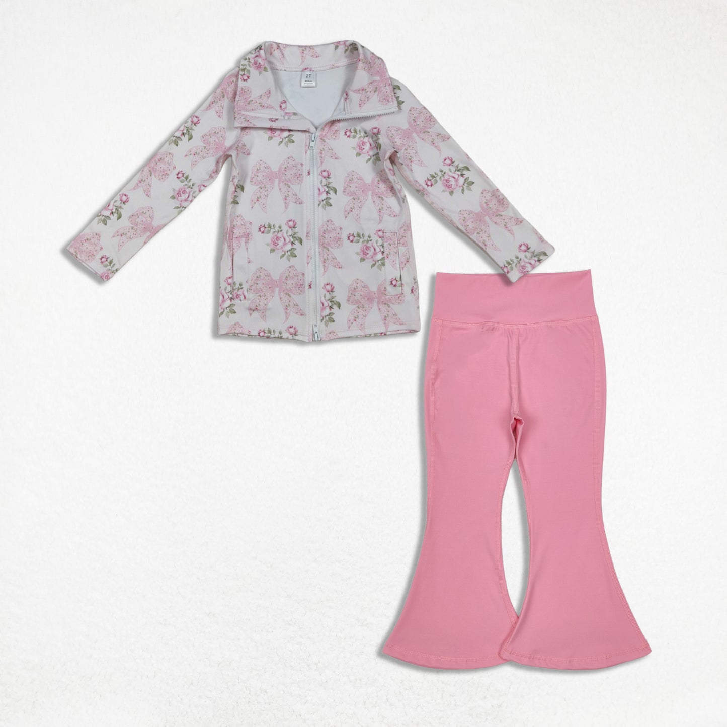 Kids Girls Long Sleeves Flower Bows Zipper Pockets Cardigan Pants Yoga Active Pink Set RTS
