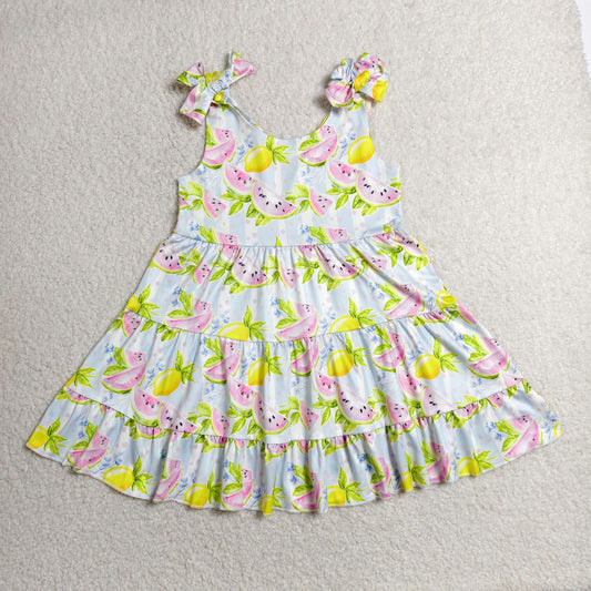 Baby Girls Kids Straps Fruits Blue Stripes Ruffle Knee Length Dress RTS