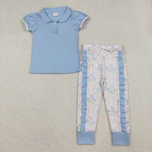 Baby Girls Kids Short Sleeves Blue Shirt Flower Bows Ruffle Pants Set RTS