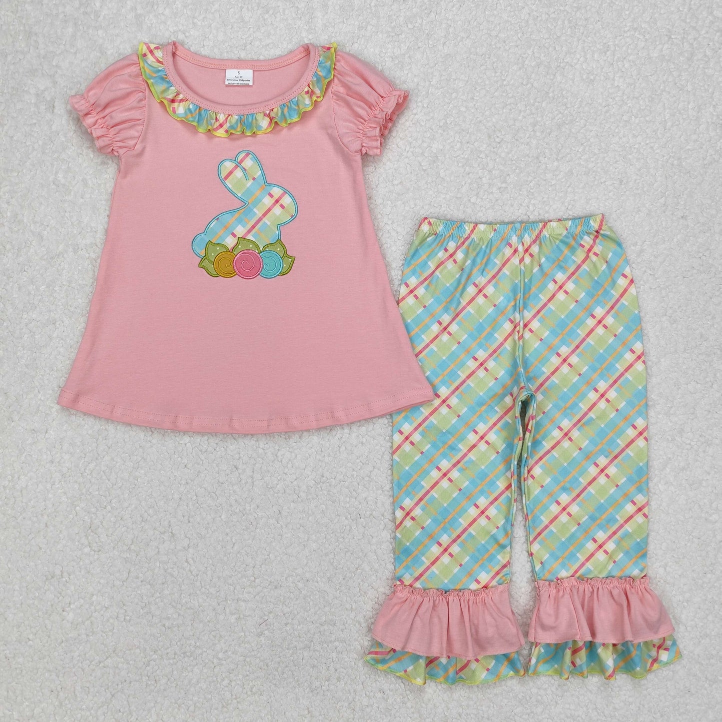 Baby Girl Embroidery Easter Rabbit Flower Tunic Ruffle Checked Pants Set RTS
