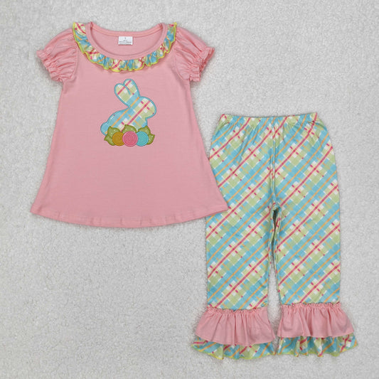 Baby Girl Embroidery Easter Rabbit Flower Tunic Ruffle Checked Pants Set RTS