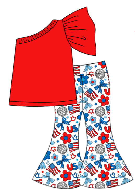 Baby Girl Red Cotton Shirt Flower Flags Bell Pants July 4th Clothes Set Moq 5