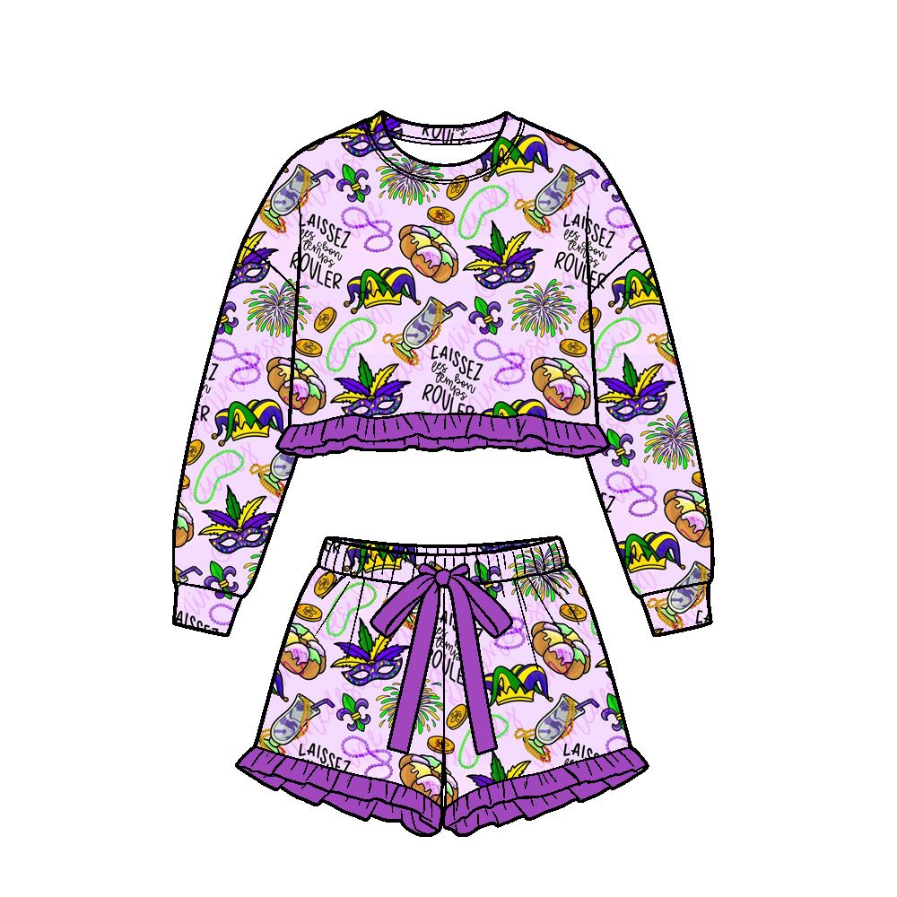 ( Moq 5 ) Preorder Baby Girls Kids Long Sleeves Masks Shirt Shorts Purple Set Mardi Gras Clothes
