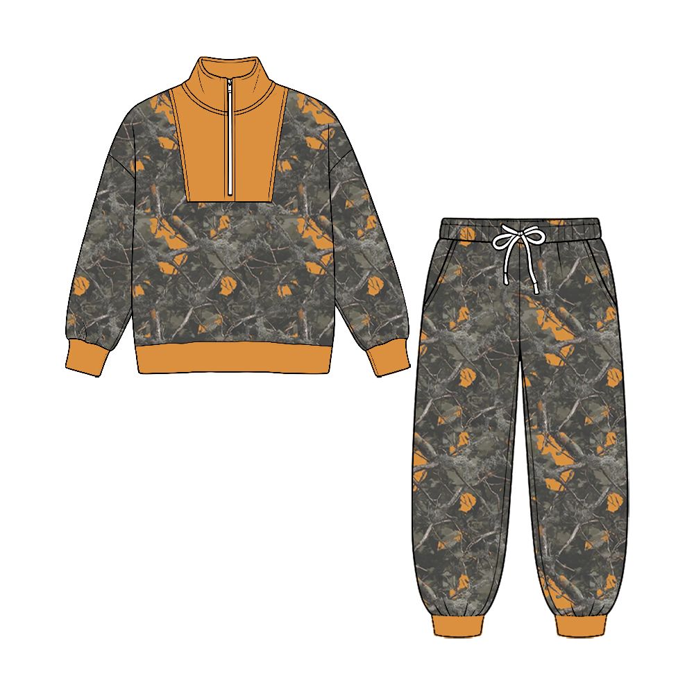( No moq ) Preorder Baby Boys Kids Long Sleeves Leaves Zipper Pullover Pockets Pants Set Clothes
