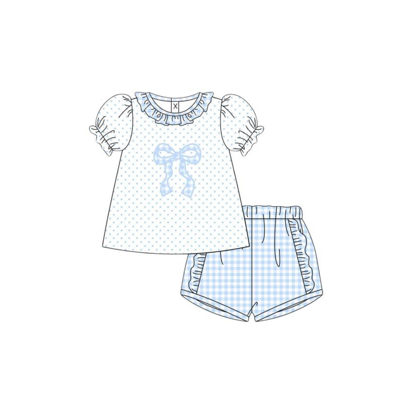 ( Moq 5 ) Preorder Baby Girls Kids Dots Short Sleeves Bows Tops Plaid Ruffle Shorts Set Clothes
