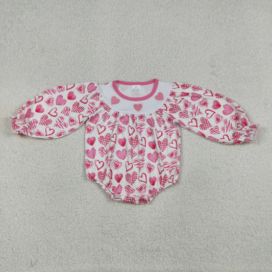 Baby Girls Infant Long Sleeves Embroidery Hearts Valentine's Day Bubble Romper RTS