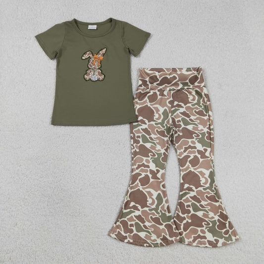 Baby Girls Kids Embroidery Bow Rabbit Green Shirt Camo Bell Pants Easter Set RTS