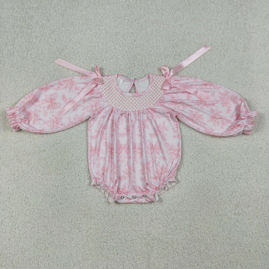 Baby Girls Long Sleeves Embroidery Smocked Flowers Bows Bubble Pink Romper RTS