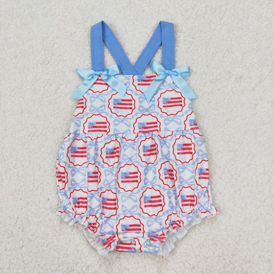Baby Girl Infant Straps Blue Bows Flags Bubble Romper RTS