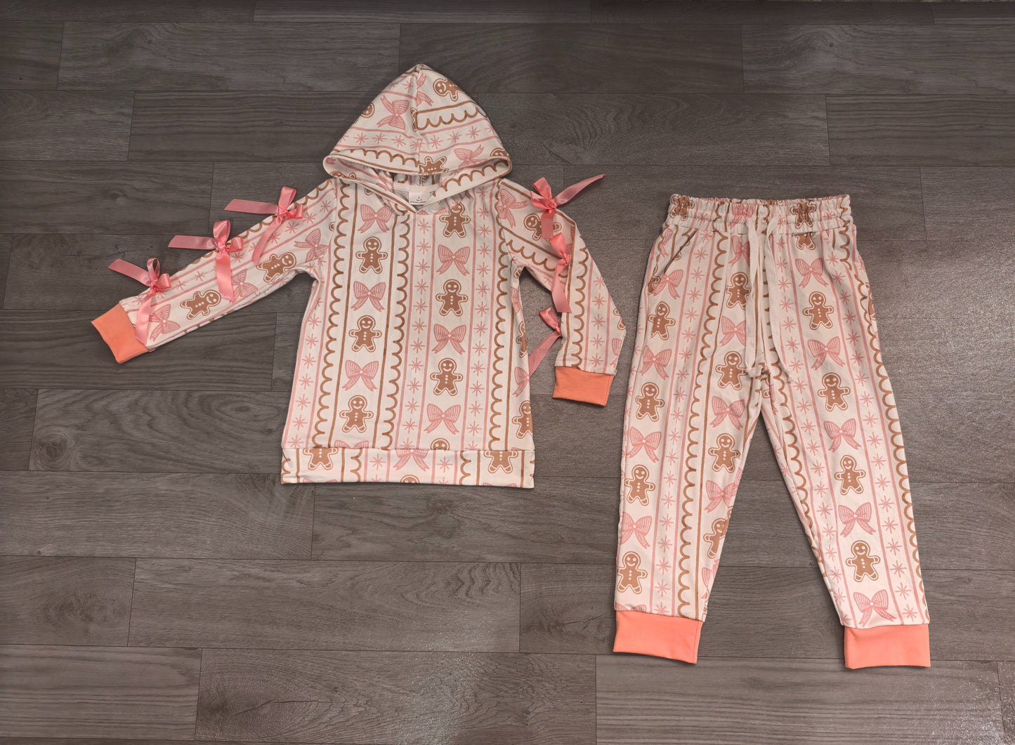 ( No moq ) Preorder Baby Girls Kids Christmas Gingerbread Bows Hoodie Pullover Pockets Pants Set Clothes