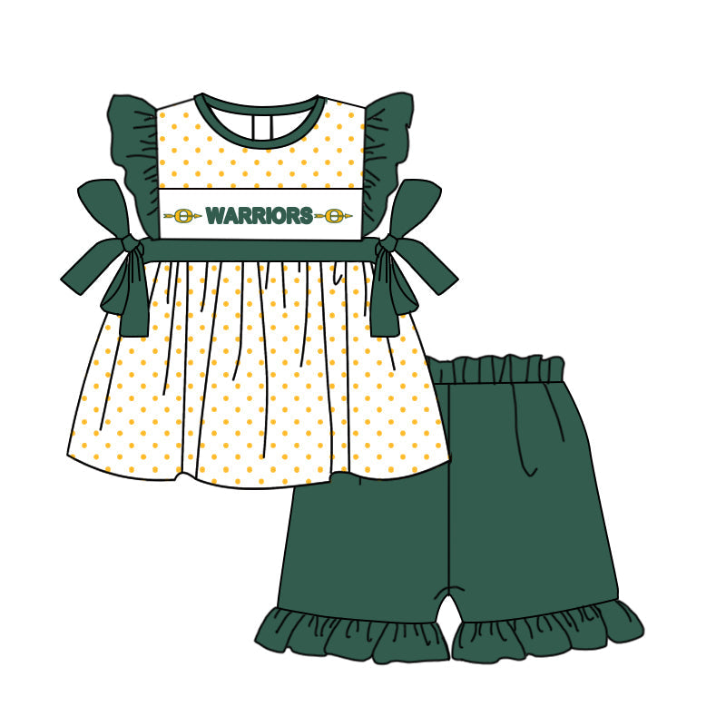 Baby Girl Short Sleeves Team Bows Tunic Green Ruffle Shorts Set ( Moq 5 )
