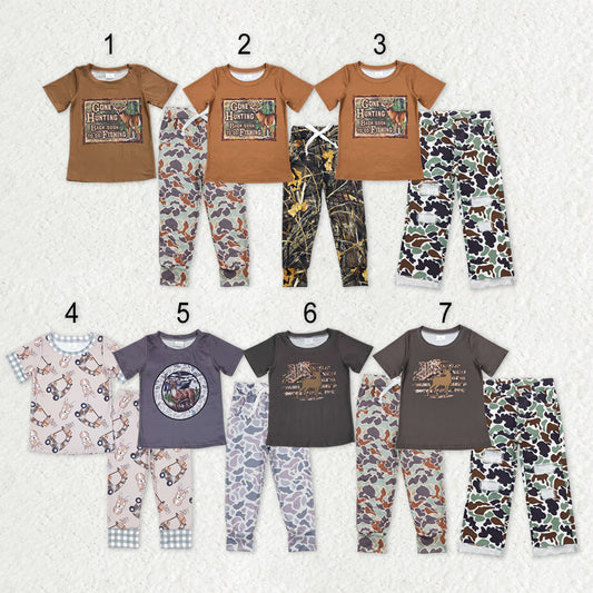 Sibling Baby Boys Short Sleeves Deer Fishing Shirt Camo Pockets Pants Hunting Pajamas Clothes Sets RTS