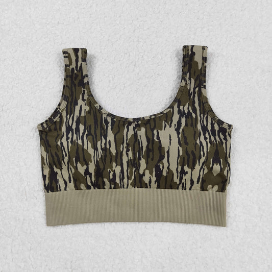 Adult Woman Sleeveless Green Camo Knitted Yoga Tank Tops RTS