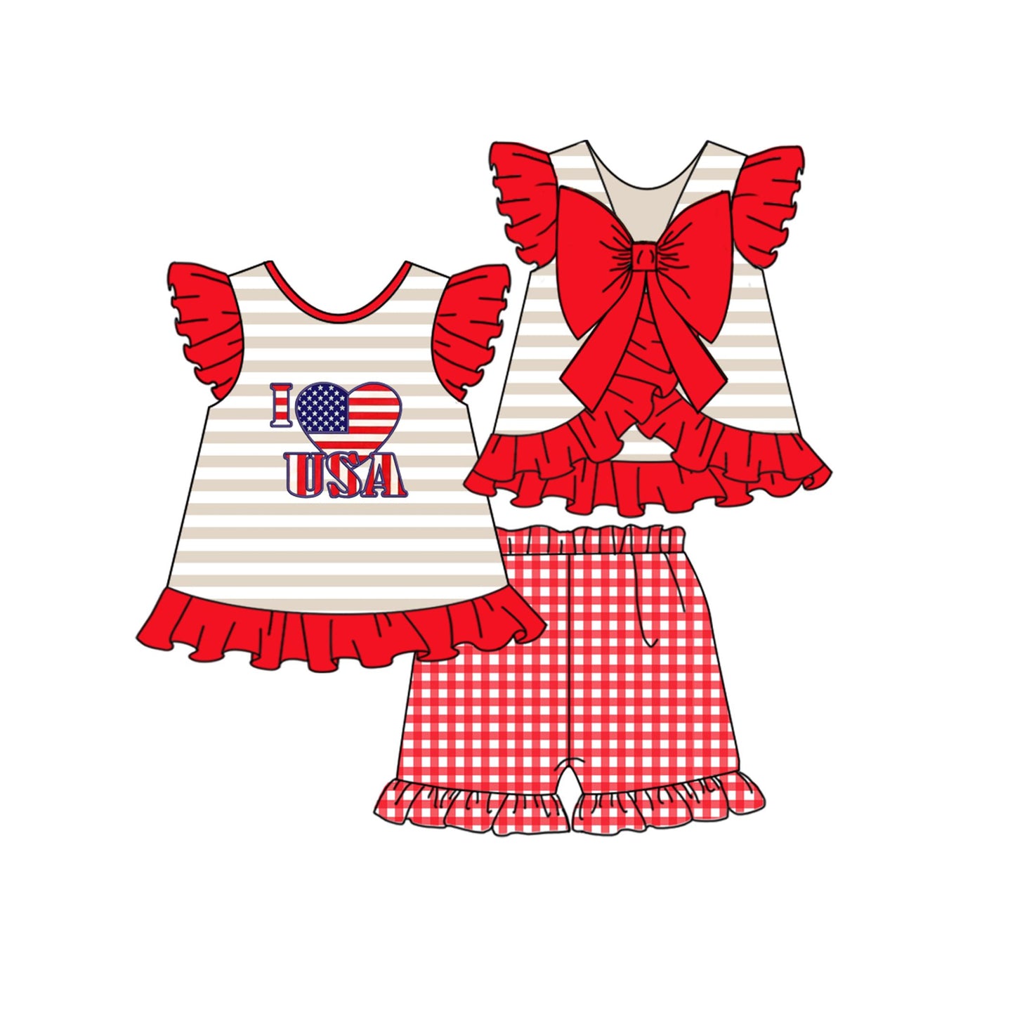 Moq 3 Pre-order GSSO0481 Baby Girl I Love USA Tops Red Plaid Shorts July 4th Set